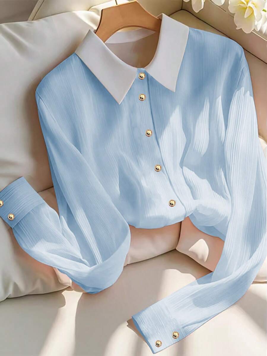 Franclia Áo cánh nữ màu hồng, tay dài cài nút vàng, cổ bẻ phía trước, kiểu dáng thanh lịch, chất liệu vải Meteor, màu hồng, dành cho nữ, mùa xuân/thu - Màu xanh nhạt - Xem 1
