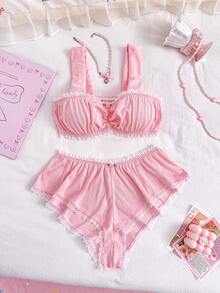 PetitDoll Bộ đồ lót ren hồng thêu hoa nữ tính 2 món/bộ - Hồng - Xem 6