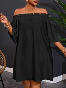 Slaydiva 大码女士露肩优雅通勤度假A字连衣裙 - 黑色 - 查看 3