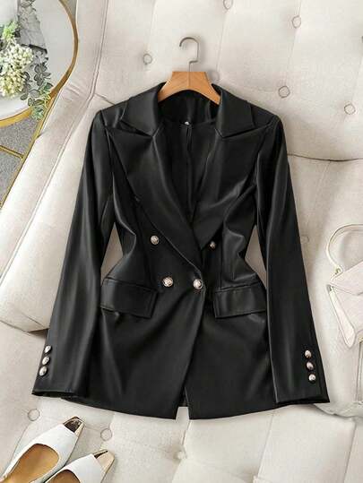  Franclia Women PU Leather Loose Casual Blazer For New Year Clothes Suit Jacket For Women Black Blazer Women Suits For Woman Women's Blazers Dress Jacket Women At Work Vintage Urban Comfort Basic Retro Chic Minimalism