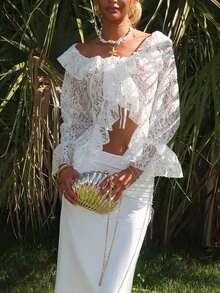 Sydney Algeri Women Summer Vacation Casual Open Front Ruffle Trim Off Shoulder Long Sleeve Sheer White Lace Blouse - White - View 5