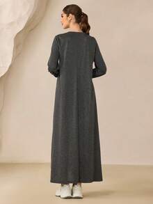 SHEIN Najma Round Neck Contrast Color Button Decor Knit Long Sleeve Flared Arabic Style Dress - Dark Grey - View 7