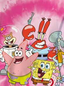 SpongeBob SquarePants | SHEIN Camiseta de manga corta con cuello redondo, estampado de dibujos animados y teñido anudado, talla grande, para verano - Blanco - Ver 3