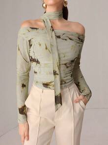 Modelyn Áo thun lưới mỏng dệt kim in ruy băng gợi cảm mùa thu - màu xanh lá - Xem 8