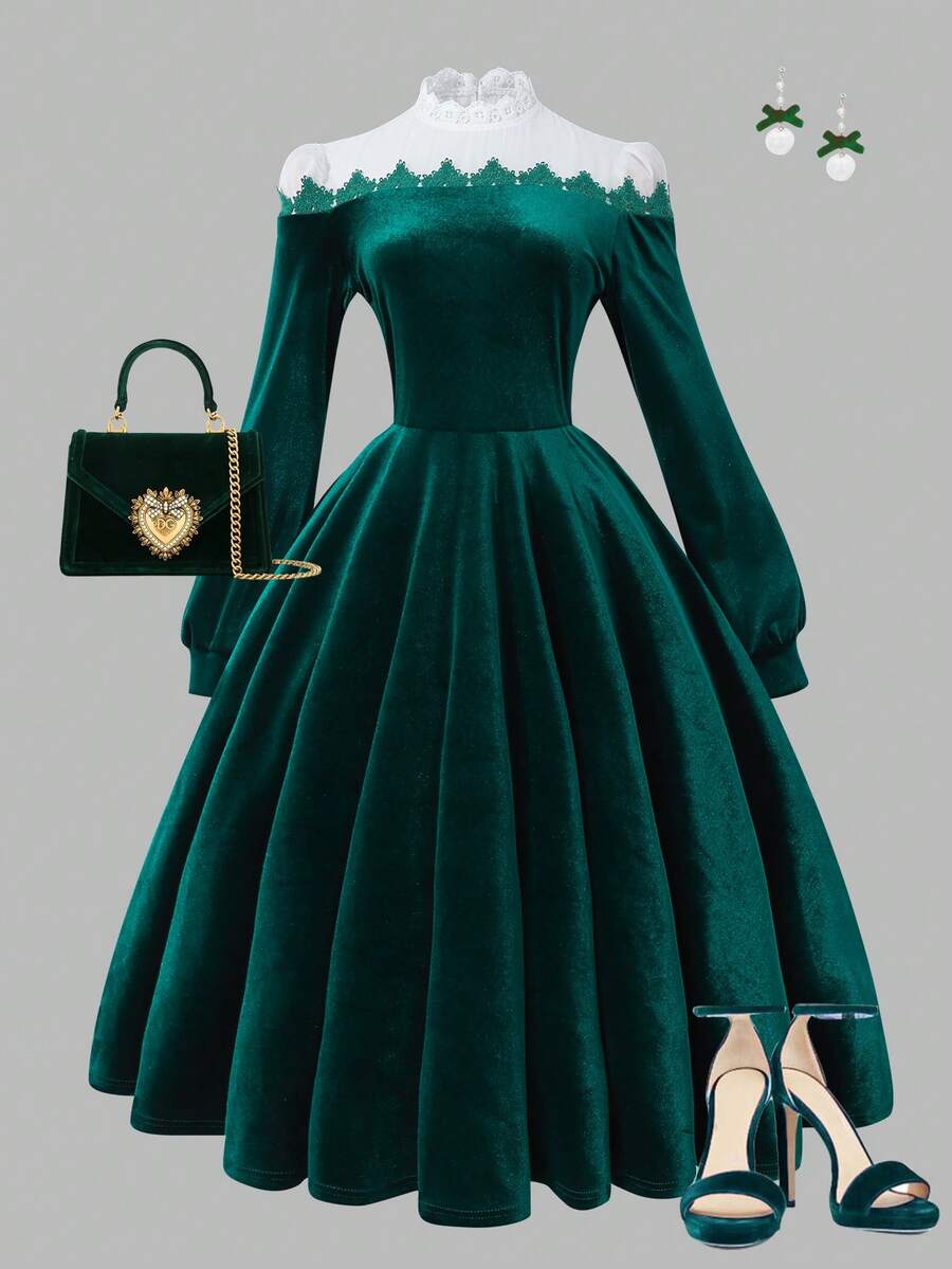 Sparklyn 一件适合女孩、青少年穿着的优雅蕾丝拼接领长袖收腰A字天鹅绒连衣裙,适合宴会和派对等场合,也适合秋冬季节穿着。 - 墨綠色 - 查看 1