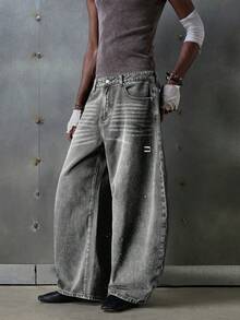 NEON BLANC Men's Street Fashion Woven Long Baggy Distressed Jeans