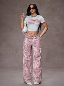 SHEIN Tall Women's Mid-Rise Leopard Print Pocket Washed Straight Leg Jeans - Multicolor - View 6