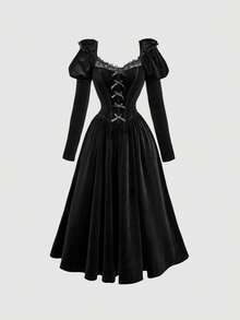 SHEIN MOD 哥特式宫廷风格酒红色蝴蝶结泡泡袖系带中长丝绒连衣裙 - 黑色 - 查看 1