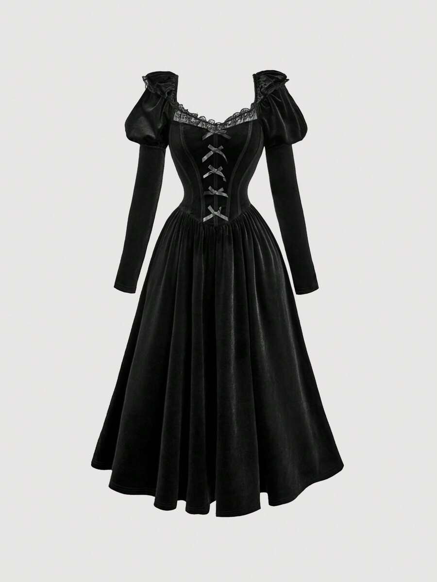 SHEIN MOD 哥特式宫廷风格酒红色蝴蝶结泡泡袖系带中长丝绒连衣裙 - 黑色 - 查看 1