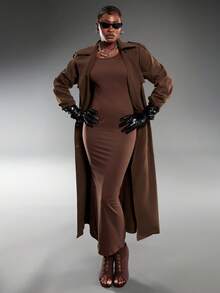 Normani Damen Einfarbiges Langarm Figurbetontes Kleid - Kaffeebraun - Übersicht 4