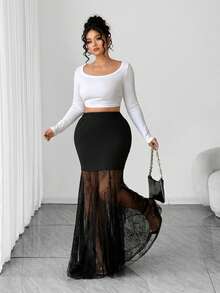 Elenzga Plus Size Women Elegant Knitted Elastic Lace Patchwork Black Mermaid Hem Midi Skirt, Suitable For Back To School, Graduation, Holidays, Valentine's Day, Music Festivals, Mother's Day, Halloween, Thanksgiving, Easter, National Day, Dances, Dates, Parties, Weddings, Outdoor Trips - Black - View 4