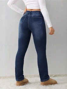 SHEIN Tall 女士休闲紧身弹力加绒牛仔裤 蓝色女士牛仔裤 冬季女士牛仔裤 保暖牛仔裤 高个女士牛仔裤 冬季保暖牛仔裤 泰迪熊牛仔裤 泰迪熊牛仔裤 保暖毛绒泰迪熊裤 - 深色水洗藍 - 查看 2