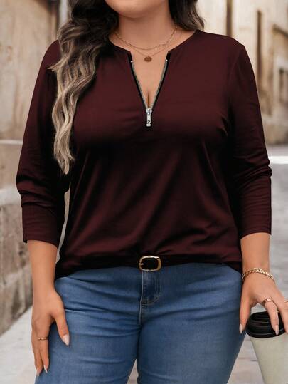 EMERY ROSE Casual Teacher's Day, Back To School Season, Music Festival, Plus Size Women's Clothing, Christmas And Halloween Women's Clothing, Zipper Collar T-Shirts, Retro Burgundy Solid Color Women's T-Shirts, Plus Size Autumn Clothing Suitable For Christmas And New Year