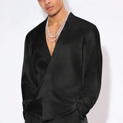 Camicia in taffetÃ  tessuto con colletto asimmetrico, adatta per festival, matrimoni, feste, festival musicali, camicia in seta e raso