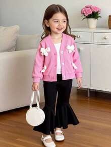 SHEIN Playful Pals 3pcs Baby Girl Set: Pink Long Sleeve Knit Cardigan With Knit Floral Camisole And Flare Pants, Fashion Outfit For Girls, Suitable For Spring And Autumn - Pink - View 1