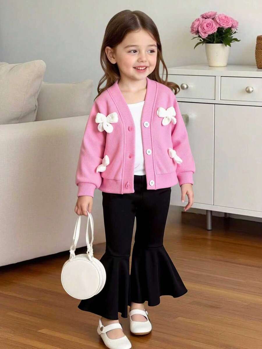 SHEIN Playful Pals 3pcs Baby Girl Set: Pink Long Sleeve Knit Cardigan With Knit Floral Camisole And Flare Pants, Fashion Outfit For Girls, Suitable For Spring And Autumn - Pink - View 1