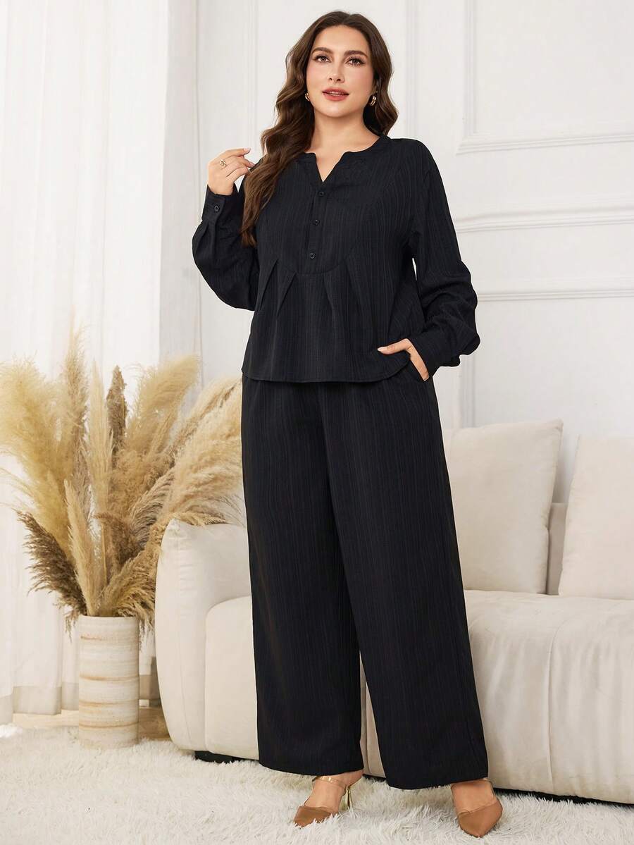 Modelyn 2pcs/Set Plus Size Solid Color Casual Long Sleeve Top And Loose Pants - Black - View 1