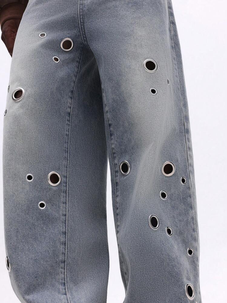 Wide Leg Eyelet Embellished Jeans