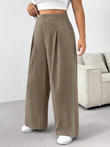SHEIN PETITE CURVE 秋冬季加大码纯色纽扣休闲阔腿裤 - 駝色 - 查看 3