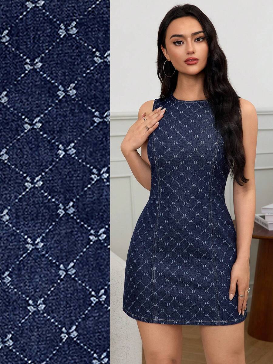SHEIN Tall 女士时尚通勤无袖迷你牛仔连衣裙，别致优雅，格纹蝴蝶结提花图案水洗牛仔连衣裙 - 深色水洗藍 - 查看 1