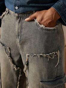 RivetRise 休闲宽松多口袋做旧男士牛仔裤，欧美街头风 - 藍色 - 查看 5