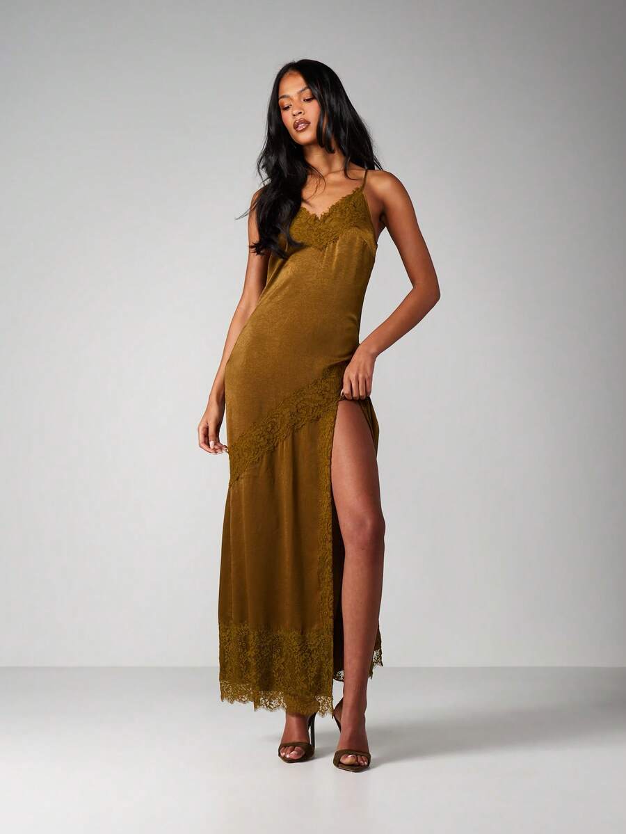 MISSGUIDED Váy dài maxi satin màu ô liu viền ren cổ chữ V dành cho dạ hội dự tiệc trang trọng không tay - Màu Khaki - Xem 1