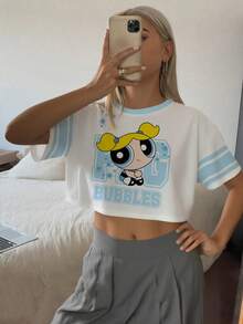 THE POWERPUFF GIRLS X SHEIN 女士夏季拼色泡泡图案 T 恤 - 白色 - 查看 7
