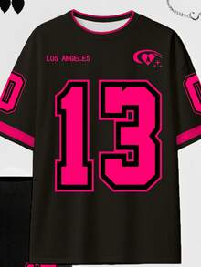 SHEIN طقم تي شيرت وشورت دراجة نسائي كاجوال مطبوع برقم 13 وشعار إبداعي