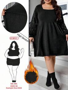 SHEIN CURVE+ Christmas Plus-Size Women's Beaded Square-Neck Dress, Winter Woolen Dress - Black - View 1