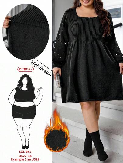 SHEIN CURVE+ Christmas Plus-Size Women's Beaded Square-Neck Dress, Winter Woolen Dress