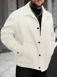 Manfinity Homme Men's Solid Color Single-Breasted Casual Wool Blend Overcoat, Autumn/Winter Cream Plus Size Men Overcoat - Beige - View 4