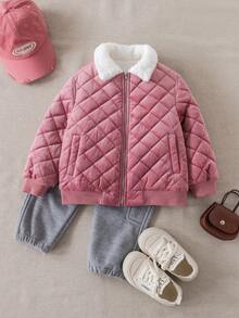 PrepCrw 1pc Young Girl Elegant College Style Casual Urban White Faux Fur Collar Pink Argyle Pattern Long Sleeve Winter Coat, Suitable For Outings, Gatherings, Back To School, Autumn/Winter