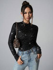 SHEIN PETITE 女士时尚休闲派对闪亮圆领长袖连体衣，适合派对和日常穿着 - 黑色 - 查看 4