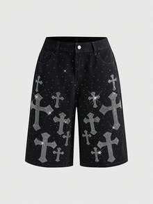 ROMWE J-Fashion Y2K街头风铆钉十字牛仔七分裤 - 黑色 - 查看 1