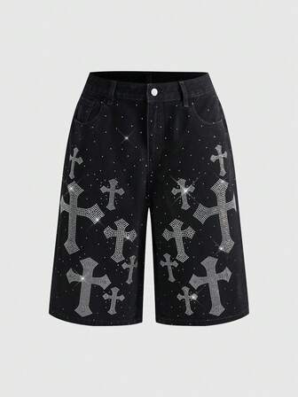 J-Fashion Pantalones capri de mezclilla con tachuelas en forma de cruz, estilo streetwear Y2K