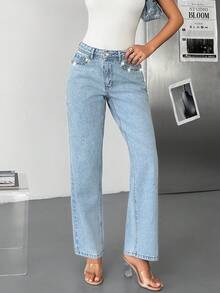 EURMUSE Low Waist Front Pocket Detailed Straight Jean Low Rise Western Jeans Rodeo Rhinestone Denim Mom Jeans For Women Cowgirl Jeans Y2k Jeans - Light Wash - View 5
