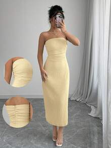 Elenzga 女士优雅纯色纹理面料抹胸修身连衣裙，秋季女士长款套装 - 卡其色 - 查看 1