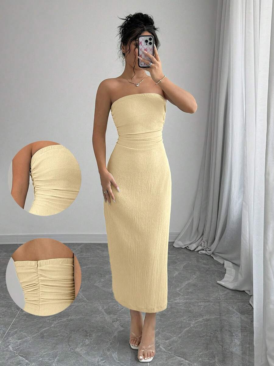 Elenzga 女士优雅纯色纹理面料抹胸修身连衣裙，秋季女士长款套装 - 卡其色 - 查看 1