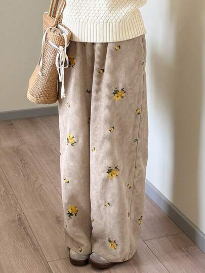 FRIFUL 女士棕色刺绣直筒裤，春季款