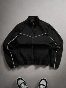 PAVTROS Plus Size Men's Casual Fashion Street Contrast Piping Zip-Up Stand Collar Loose Jacket, Autumn Crop Jacket For Men Men Zip Up Jacket Race Jacket Track Jacket Mens Windbreaker Jacket - Black - View 1