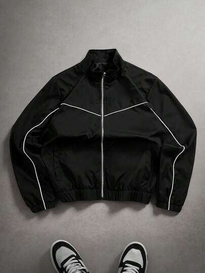 PAVTROS Plus Size Men's Casual Fashion Street Contrast Piping Zip-Up Stand Collar Loose Jacket, Autumn Crop Jacket For Men Men Zip Up Jacket Race Jacket Track Jacket Mens Windbreaker Jacket