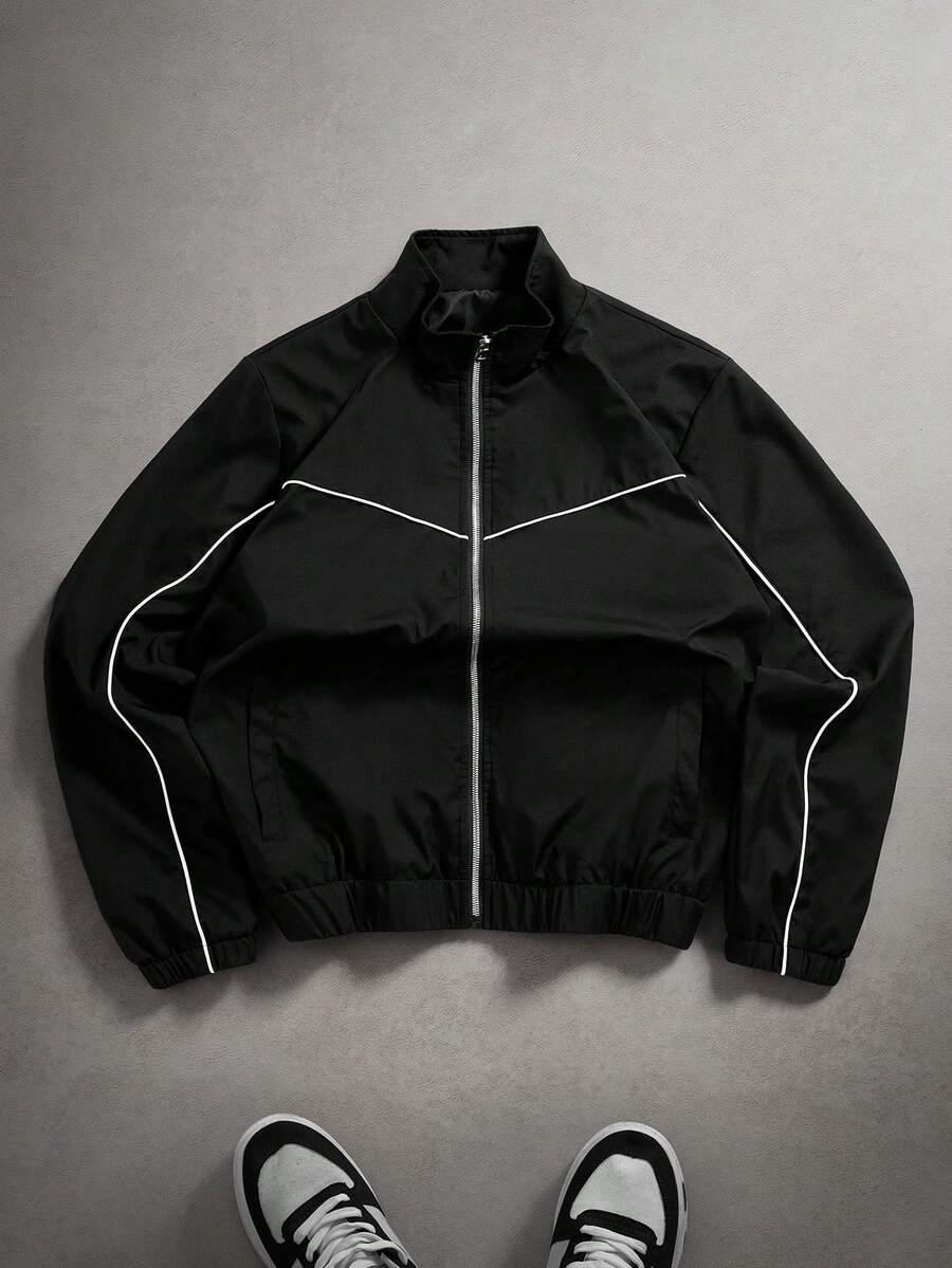 PAVTROS Plus Size Men's Casual Fashion Street Contrast Piping Zip-Up Stand Collar Loose Jacket, Autumn Crop Jacket For Men Men Zip Up Jacket Race Jacket Track Jacket Mens Windbreaker Jacket - Black - View 1