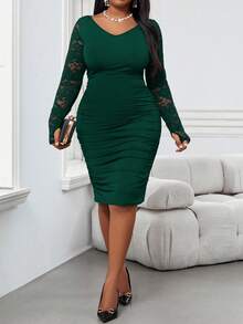 SHEIN Lady Trang phục dự tiệc cho nữ ngày lễ tình nhân, váy dạ hội, váy dự tiệc cho nữ, váy ngắn tay dài cổ chữ V, màu đen trơn, ren vá, ôm sát, váy ngắn cho nữ, váy ngắn - Màu xanh lá cây đậm - Xem 8
