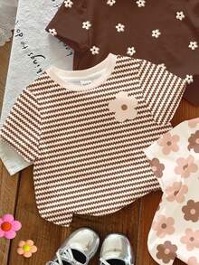 SHEIN 三件套奶油白、棕色条纹、棕色碎花系列休闲百搭圆领短袖T恤，适合日常穿着、居家、度假、叠穿，轻松舒适，时尚休闲，碎花图案，秋冬时尚，新款，适合年轻女孩穿着。 - 彩色 - 查看 5