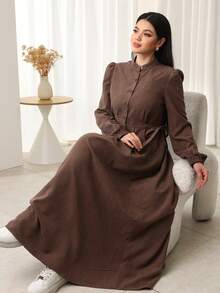 Al Najma Women's Elegant Commuter Solid Color Lantern Sleeve Arabic Dress Elegant Dress Women Chocolate Brown Dress Dark Brown Dress Modest Brown Dress Elegant Brown Dress Long Sleeve Brown Dress