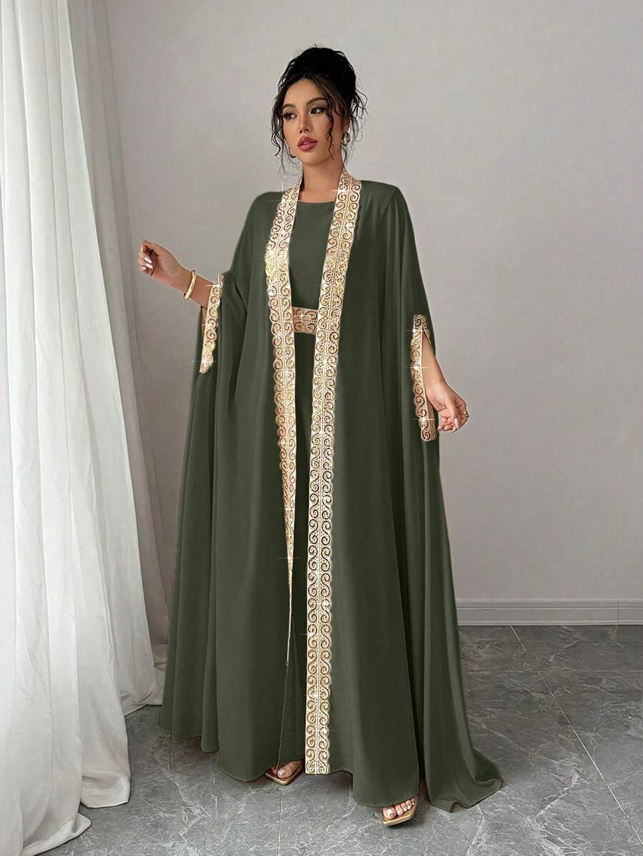 Rafferiza Women's Elegant 2 Pieces Set: Ribbon Trim Batwing Sleeve Outerwear And Sleeveless Dress Open Abaya Abayas Dubai Luxury Arabic Dress Dress With Cape Dress Modest - Army Green - View 1