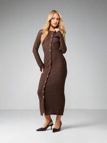 MISSGUIDED 棕色纹理长袖纽扣连衣裙，秋冬修身连衣裙 - 棕色 - 查看 5