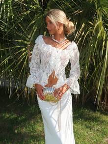 Sydney Algeri Women Summer Vacation Casual Open Front Ruffle Trim Off Shoulder Long Sleeve Sheer White Lace Blouse - White - View 2