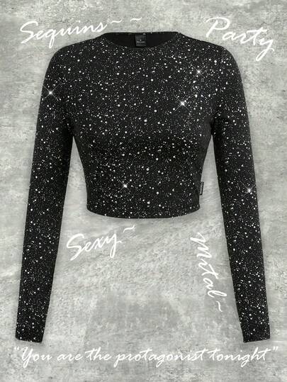 Y2Kool Camiseta de Manga Longa Ajustada com Estampa de Bolinhas de Prata Metálica, Adequada para Festas, Halloween, Streetwear Y2K, Coleção de Roupas Casuais Estilosas de Outono/Inverno, Looks de Ano Novo