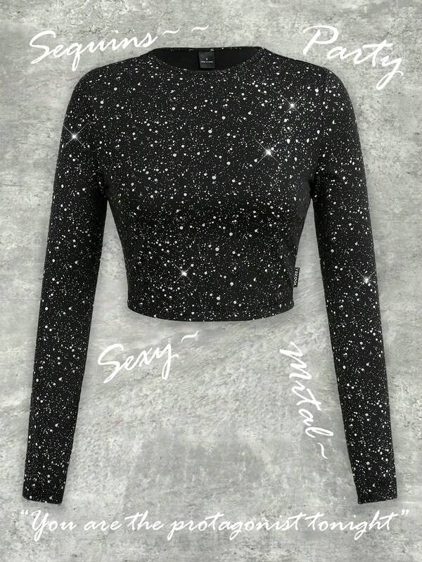 Y2Kool Camiseta de manga larga ajustada con estampado de lunares de lámina metálica plateada, adecuada para fiestas, Halloween, estilo callejero Y2K, colección de ropa casual de otoño/invierno, atuendos de Año Nuevo